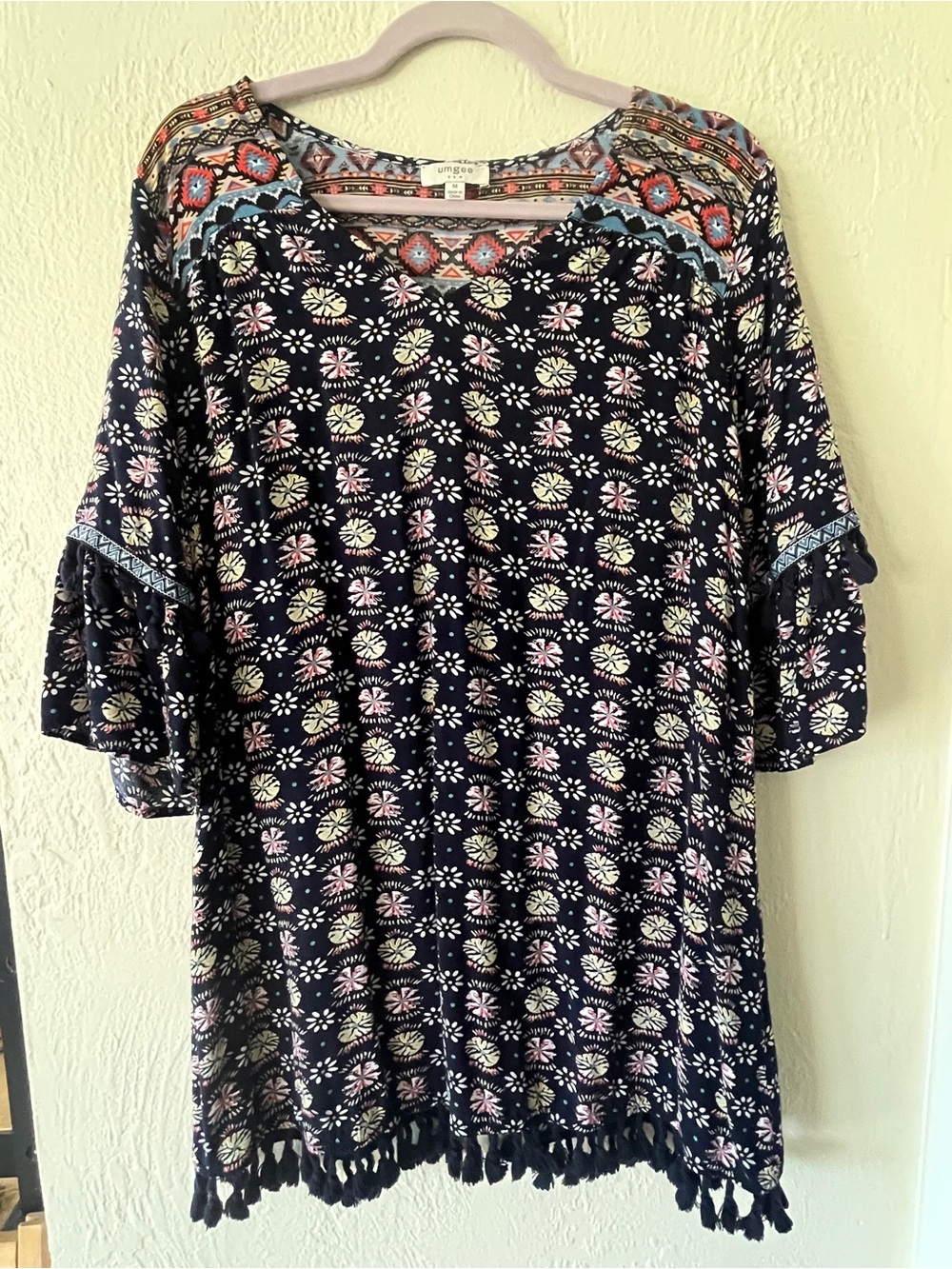Umgee Navy Floral Tassel-Hem Mini Dress with Pink & Cream Motifs
